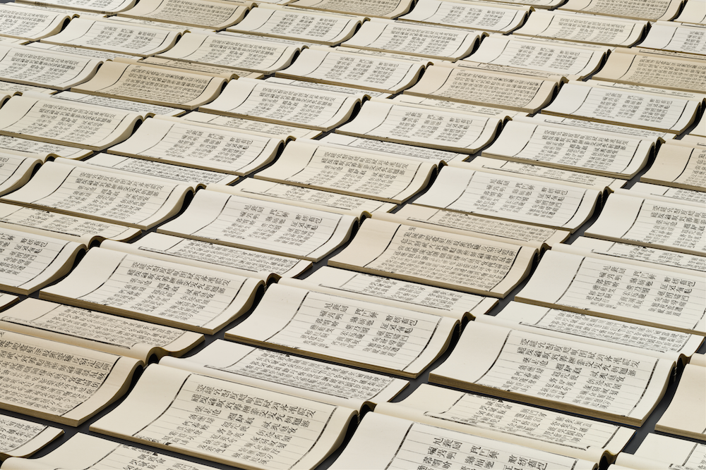 Open books from Xu Bing: Book in the Sky exhibit at the Blanton Museum of Art