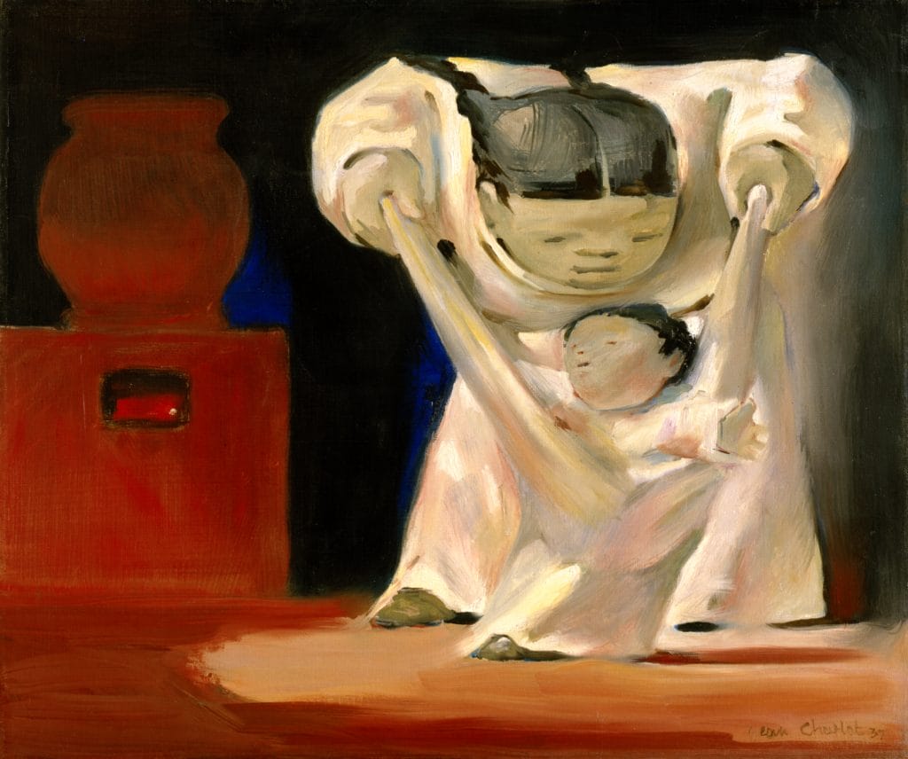 Photo of "First Steps [Primeros pasos]" by Jean Charlot a painting depicting a mother leaning over a child holding a cloth wrapped underneath the child's arms to help them stand