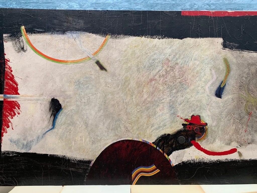 Oliver Lee Jackson, "Untitled (Sharpeville Series)," 1977, oil-based enamel with metal, cloth, and beads on canvas