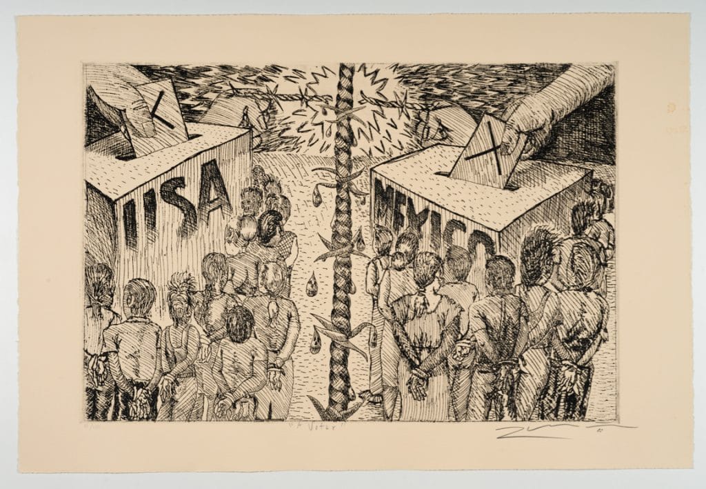 horizontal format etching; a barbed wire divides the composition; on the left, a large hand drops a square sheet marked "X" into a ballot box labeled "USA;" on the right, the same image is mirrored, except the ballot box is labeled "Mexico;" on both sides, people stand in front of the voting boxes with their hands tied behind their backs (no one is facing the viewer)