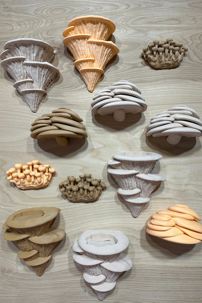 Various mushroom-like objects, intended for use as pencil holders