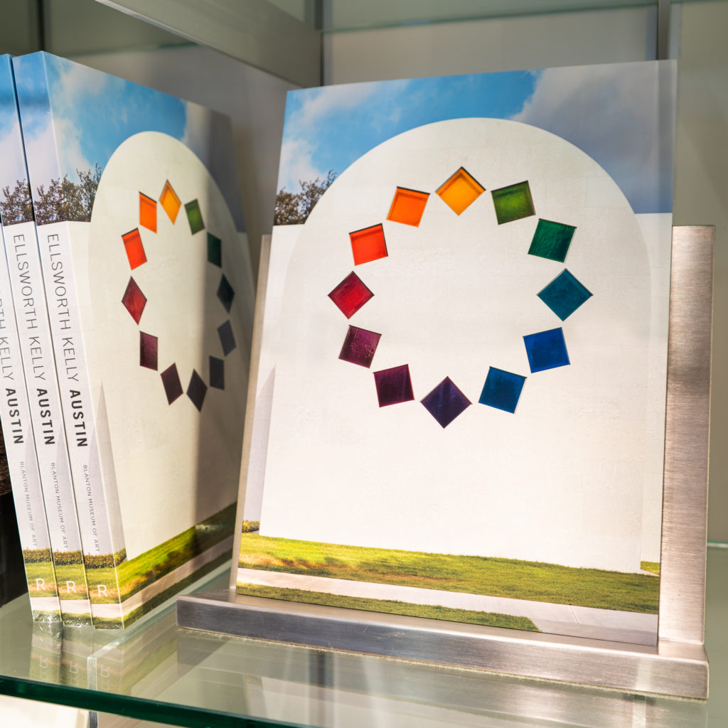 Image of "Ellsworth Kelly: Austin" book on the shelf facing viewer.  