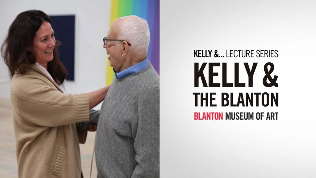 Thumbnail for the "Kelly & The Blanton" video lecture from the "Kelly &... Lectures" series. The image is split in half. The right side of the image is a white background with the words "Kelly & The Blanton" in black on top. The right side is an image of Blanton Director Simone J. Wicha and artist Ellsworth Kelly warmly greeting each other.