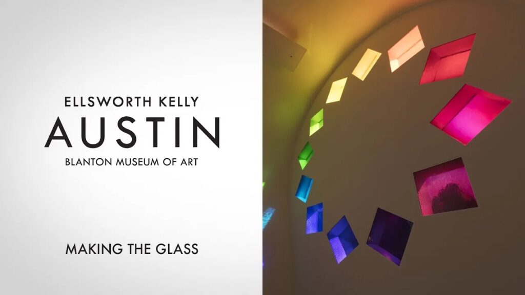 Thumbnail for the "Making The Glass" video from the "Kelly at the Blanton" series. The image is split in half. The left side of the image is a white background with the words "Making the Glass" in black on top. The right side of the image is a close up of the interior stained glass of the east wall in "Austin." Twelve stained glass square windows are arranged in a circular pattern resembling a star.