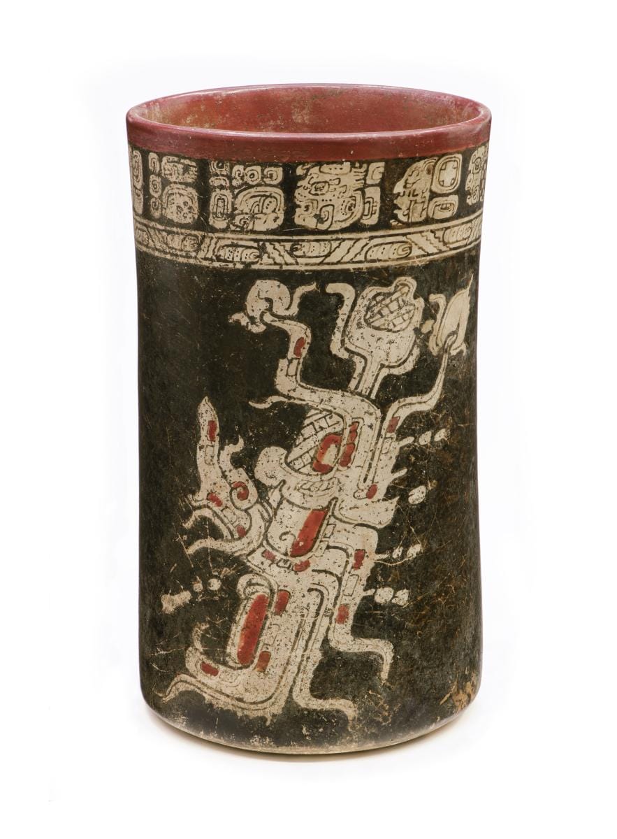 Cylinder Vessel with Water Lily Serpent, AD 700-800, Maya, slip-painted ceramic, d: 4 3/10 in.(10.9 cm), 8 x 4 3/10 x 4 3/10 in. (20.3 x 10.9 x 10.9 cm), Los Angeles County Museum of Art, purchased with fundsprovided by Camilla Chandler Frost (M.2010.115.572) Photo © 2017 Museum Associates / LACMA Conservation Center by Yosi Pozeilov