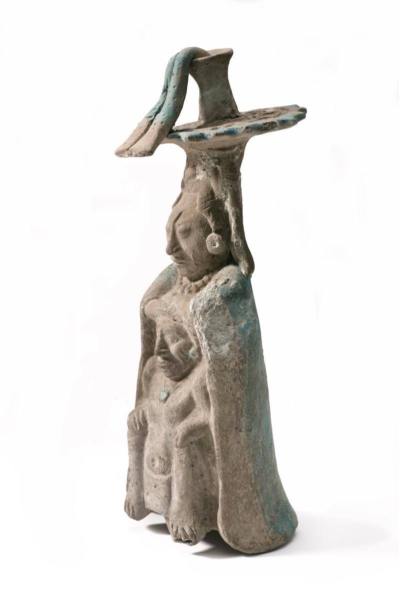 Figurine Whistle Portraying a Couple, AD 600-900, Maya, ceramic with post-fire pigment, 8 x 3 3/10x 3 3/10 in. (20.3 x 8.4 x 8.4 cm), Los Angeles County Museum of Art, purchased with funds provided by CamillaChandler Frost (M.2010.115.571) photo © Museum Associates / LACMA