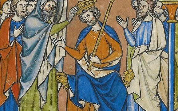 Middle Ages illuminated manuscript depicting the crowning of a king, surrounded by six other men.