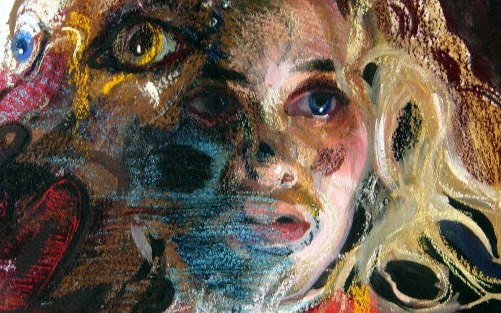 Painting of a blonde woman's face. She is looking into the distance, to the right of the viewer, wide-eyed and mouth slightly open. The left side of the painting contains an eerily-smiling dog's face facing left, with strokes of blue and yellow paint on top.