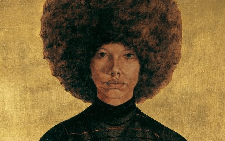 Painting of a black woman with an afro against a yellow background. She is wearing a black turtleneck shirt and looks out at the viewer with a neutral expression.