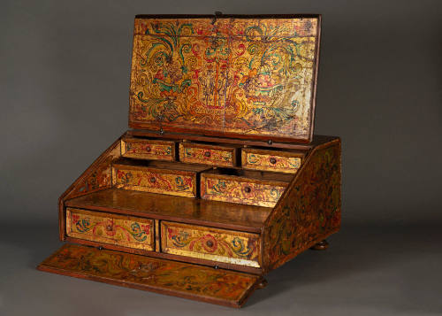 2018.342 - Open view of 18th century embellished wooden portable desk from Bolivia