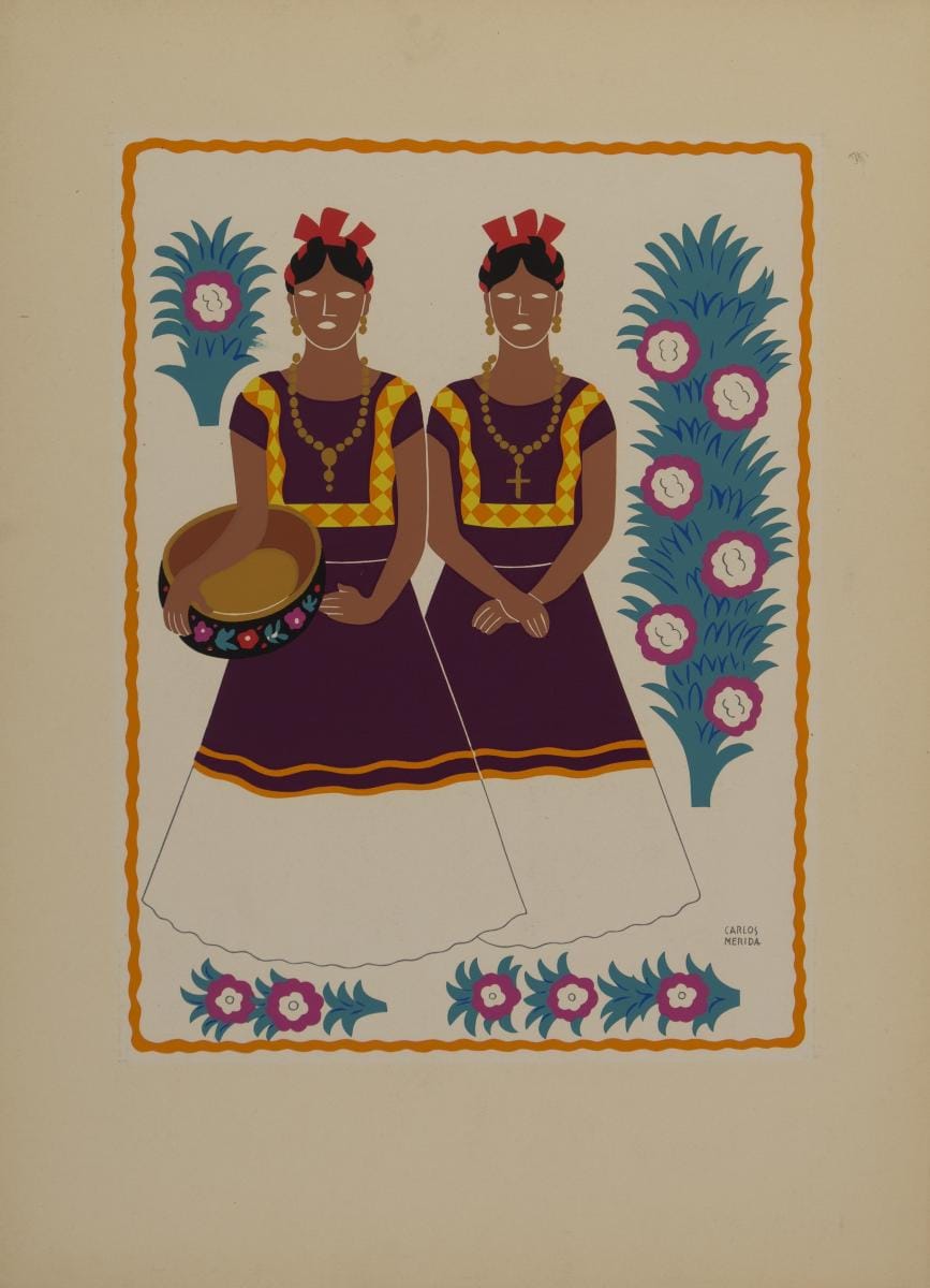 Carlos Mérida, “Two Tehuana Women from the State of Oaxaca,” plate 14 from “Trajes Regionales Mexicanos” [Regional Mexican Dress], 1945, Screenprint, Gilberto Cárdenas Collection, Museum Acquisition Fund, 2022.52. Featured in Pt. 2 of De moda.