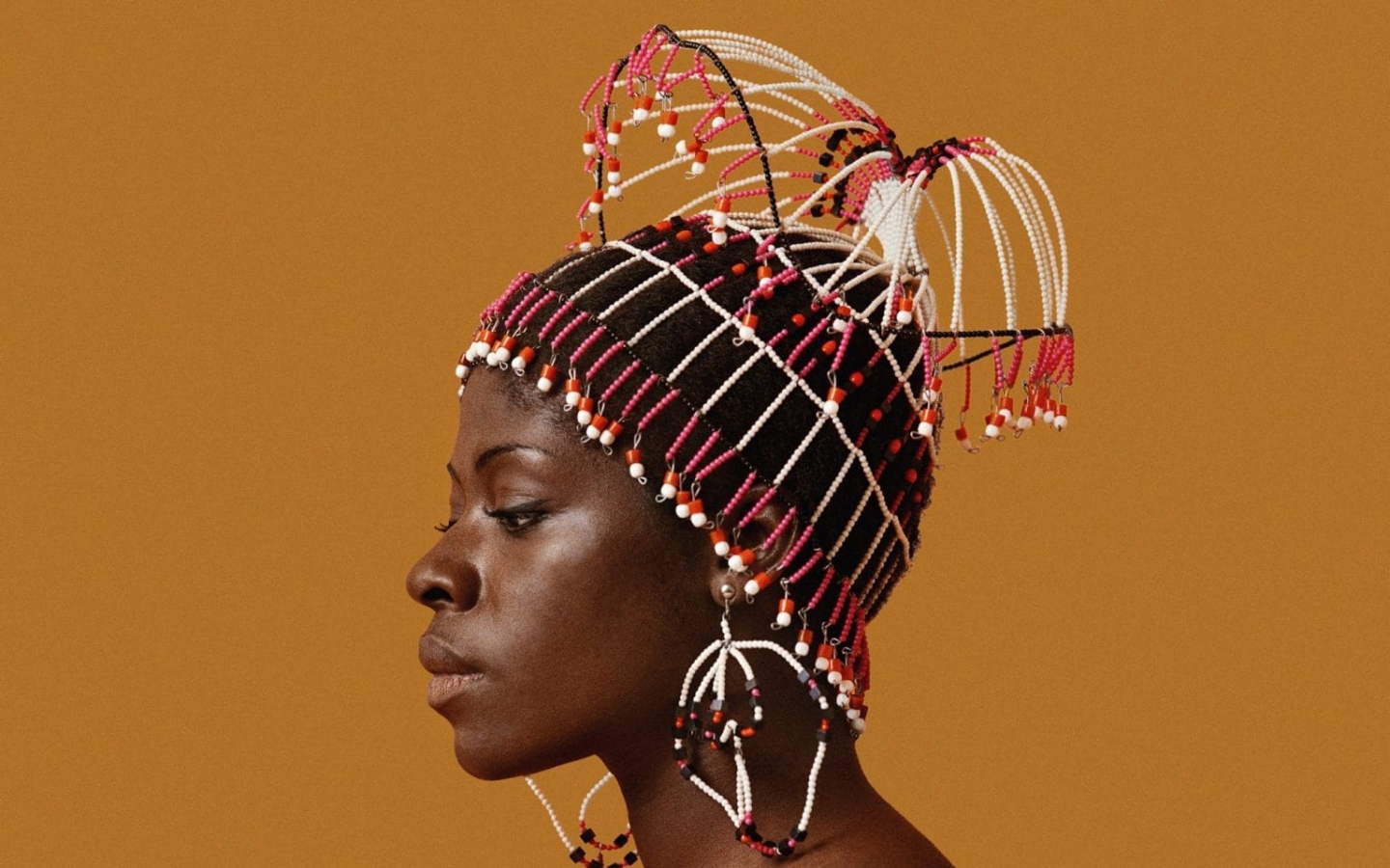 Kwame Brathwaite, Sikolo Brathwaite wearing a headpiece designed by Carolee Prince, African Jazz-Art Society & Studios (AJASS), Harlem, circa 1968 (detail); from Kwame Brathwaite: Black Is Beautiful (Aperture, 2019), Courtesy the artist and Philip Martin Gallery, Los Angeles