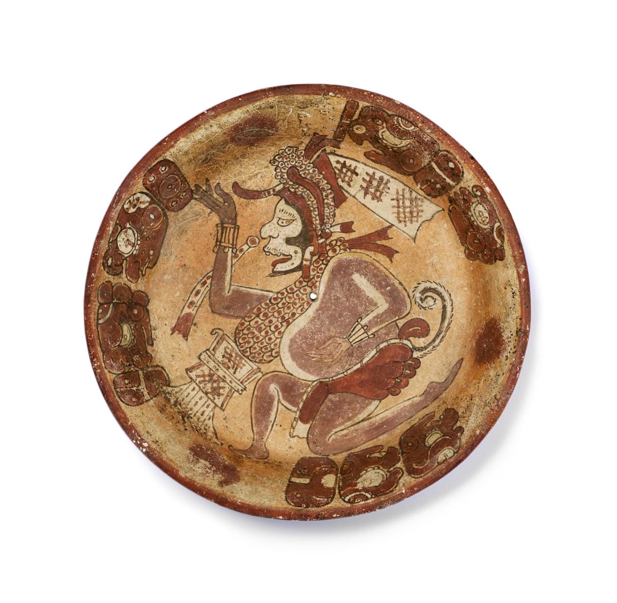 Plate with Supernatural Monkey, AD 600-900, Maya, slip-painted ceramic, 2 3/10 x 12 in. (5.8 x 30.5cm), Los Angeles County Museum of Art, purchased with funds provided by Camilla Chandler Frost(M.2010.115.723) photo © Museum Associates / LACMA