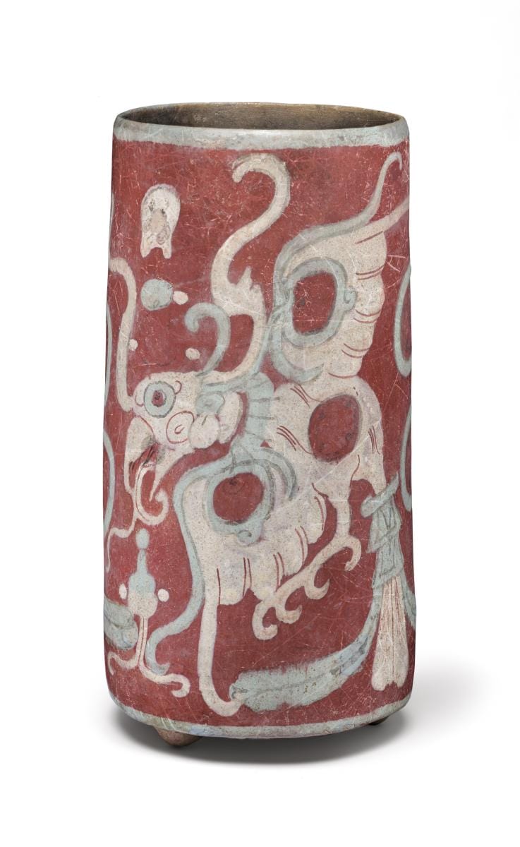 Stuccoed Vessel with Supernatural Birds, AD 600-900, Maya, ceramic with post-fire stucco andpigment, h: 7 1/2 in. (19 cm), d: 3 3/4 in. (9.5 cm), Los Angeles County Museum of Art, purchased with fundsprovided by Camilla Chandler Frost (M.2010.115.23) photo © Museum Associates / LACMA