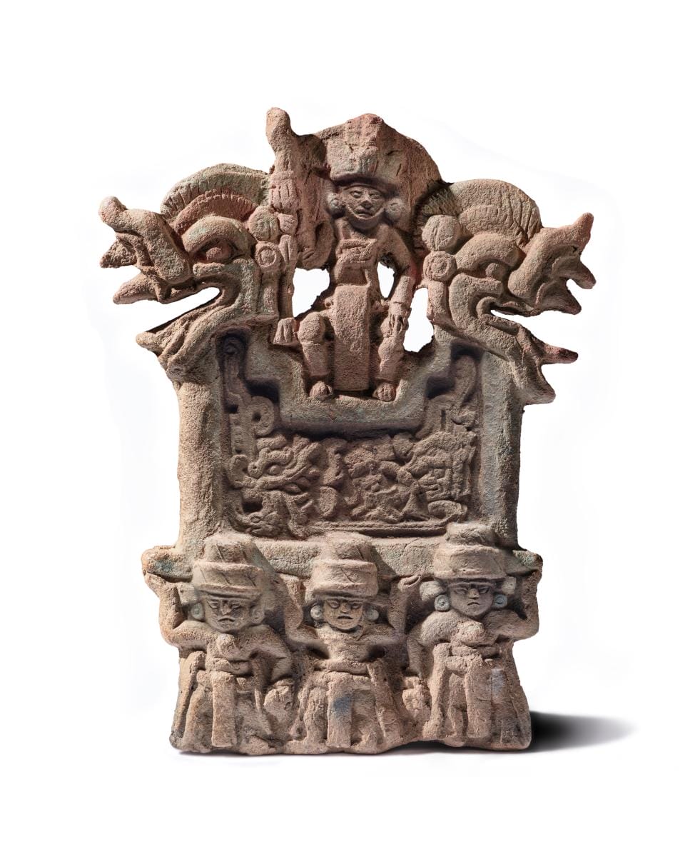 Whistle with Ruler, Bicephalic Serpent, and Ballplayers, AD 600-900, Maya, ceramic with post-firepigment, d: 2 3/4 in. (7 cm), 6 4/5 x 3 x 4 in. (17.3 x 7.6 x 10.2 cm), Los Angeles County Museum of Art, purchasedwith funds provided by Camilla Chandler Frost (M.2010.115.857) photo © Museum Associates / LACMA