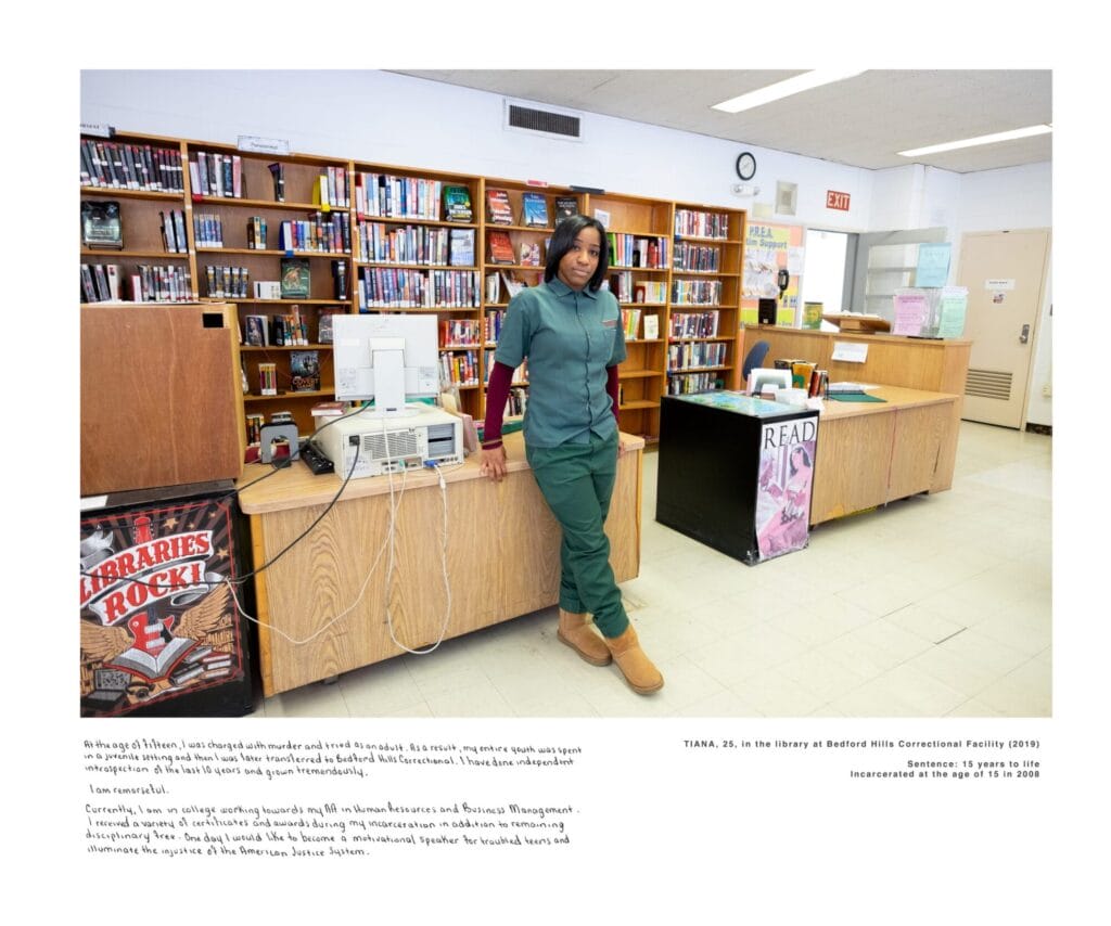 Sara Bennett, "TIANA, 25, in the library at Bedford Hills Correctional Facility," 2019, archival pigment print, 20 x 24 in., Courtesy of the artist (photo: © Sara Bennett)