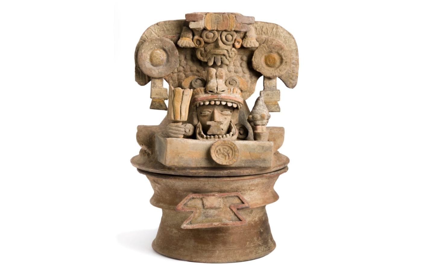 Teotihuacan-Style Censer with Ancestor and Storm God, 300-600, Maya, ceramic with post-fire pigment, 11 × 9 × 9 3/8 in. (27.9 × 22.9 × 23.6 cm), Los Angeles County Museum of Art, purchased with funds provided by Camilla Chandler Frost (M.2010.115.1019a-b) photo © Museum Associates / LACMA