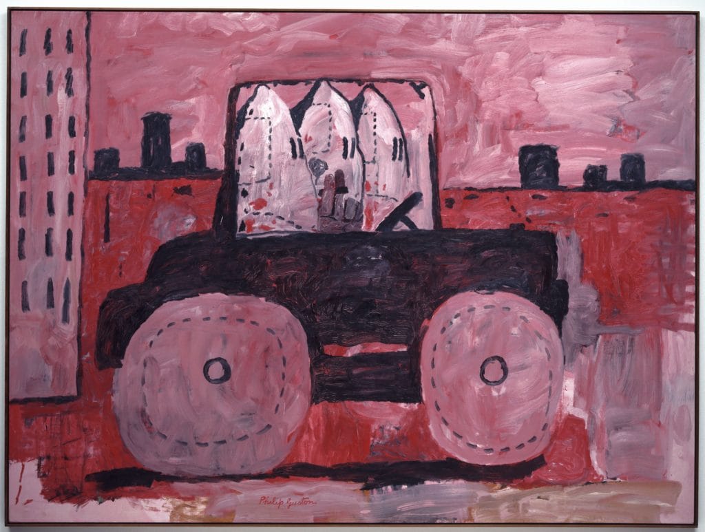 The image depicts a large, stylized vehicle with exaggerated, circular wheels. The vehicle is painted in dark colors, primarily black, with the wheels and background in shades of pink and red. The background features abstract representations of buildings and structures, with a cityscape feel. Inside the vehicle, there are three white, ghost-like figures with dotted outlines, and a smaller figure in the driver’s seat. The painting has a rough, expressive style with visible brushstrokes and a somewhat surreal, dreamlike quality.