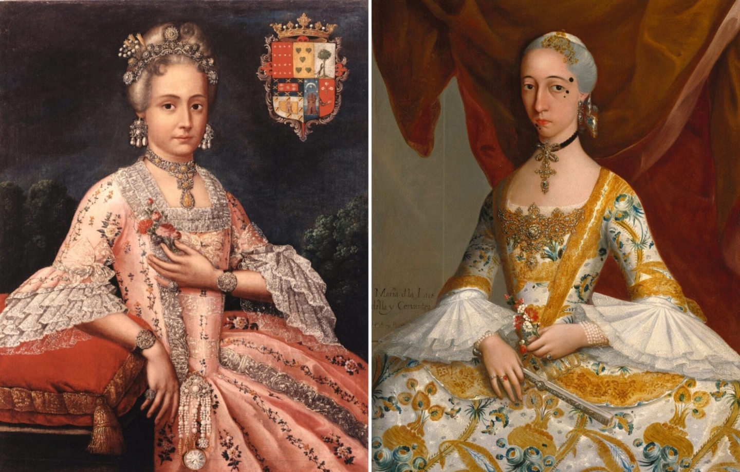 Attributed to Pedro José Diaz, Portrait of Rosa de Salazar y Gabiño, Countess of Monteblanco and Montemar (detail), Lima, circa 1770–1780, oil on canvas, 37 x 29 3/4 in., Blanton Museum of Art, The University of Texas at Austin, Purchase through the generosity of Jeanne and Michael Klein in honor of Marilynn Thoma, 2019; (right) Miguel Cabrera, Doña María de la Luz Padilla y Gómez de Cervantes (detail), Mexico City, circa 1760, oil on canvas, 43 x 33 in., Brooklyn Museum, Museum Collection Fund and Dick S. Ramsay Fund