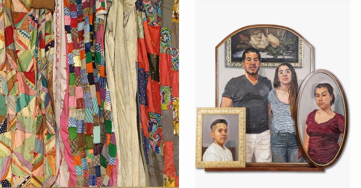 (Left) Sedrick Huckaby, A Love Supreme, Summer, (detail) 2001–2009, oil on canvas, 92 x 240 in., Courtesy of the artist, (Right) Sedrick Huckaby, Sonadores (Three Pieces), 2018, oil on canvases, overall: 72 x 72 in. (182.9 x 182.9 cm), The Harlan R. Crow Family. Image courtesy of Justin Clemons.