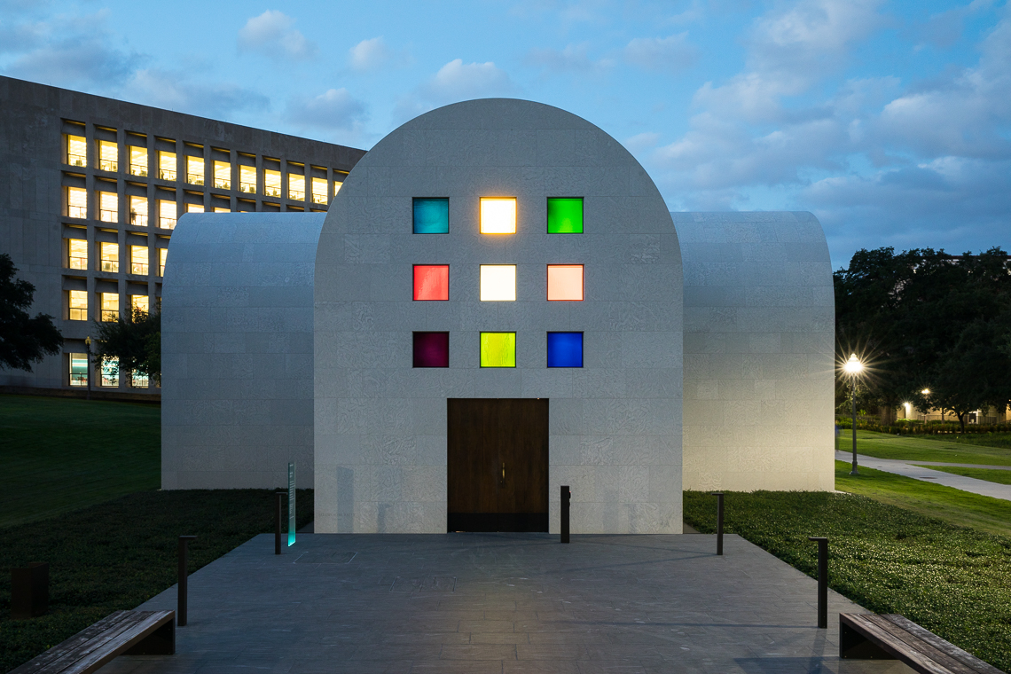 Ellsworth Kelly, Austin, 2015 (South façade), Artist-designed building with installation of colored glass windows, black and white marble panels, and redwood totem, 60 ft. x 73 ft. x 26 ft. 4 in.