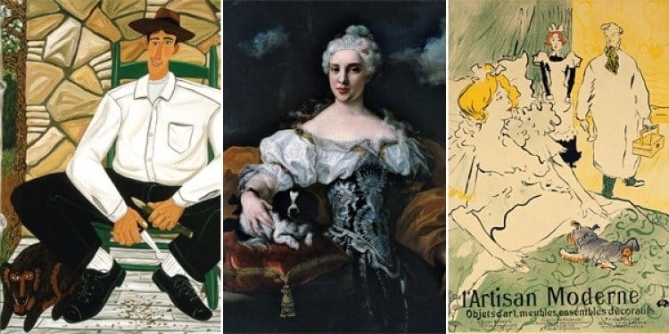 Three images: 1) Painting of a smiling white man wearing a brown hat, white button-up shirt, black trousers, and black shoes. He is sitting in a green chair and holding whittling supplies. A brown dog sits at his feet. 2) A painting of a Baroque-era white woman. She is wearing a fancy dress and a white curly wig, and she is looking at the viewer with a neutral expression. Her right arm is draped over a black and white dog that is sitting next to her on a red cushion. 3) Poster for L'Artisan Moderne. A blonde woman sits in bed with a terrier on her lap. A housemaid and a handyman stand in the background.