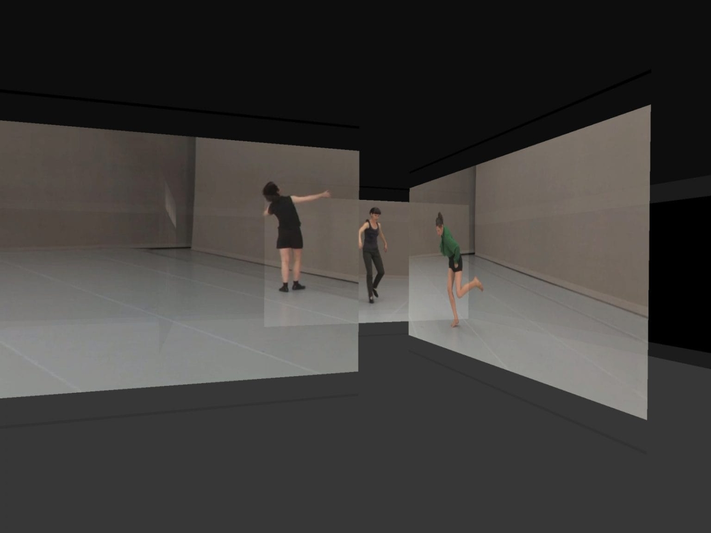 Computer mockup for the exhibition display. It shows three hanging screens of different sizes, with an empty room and three dancing figures projected onto them.