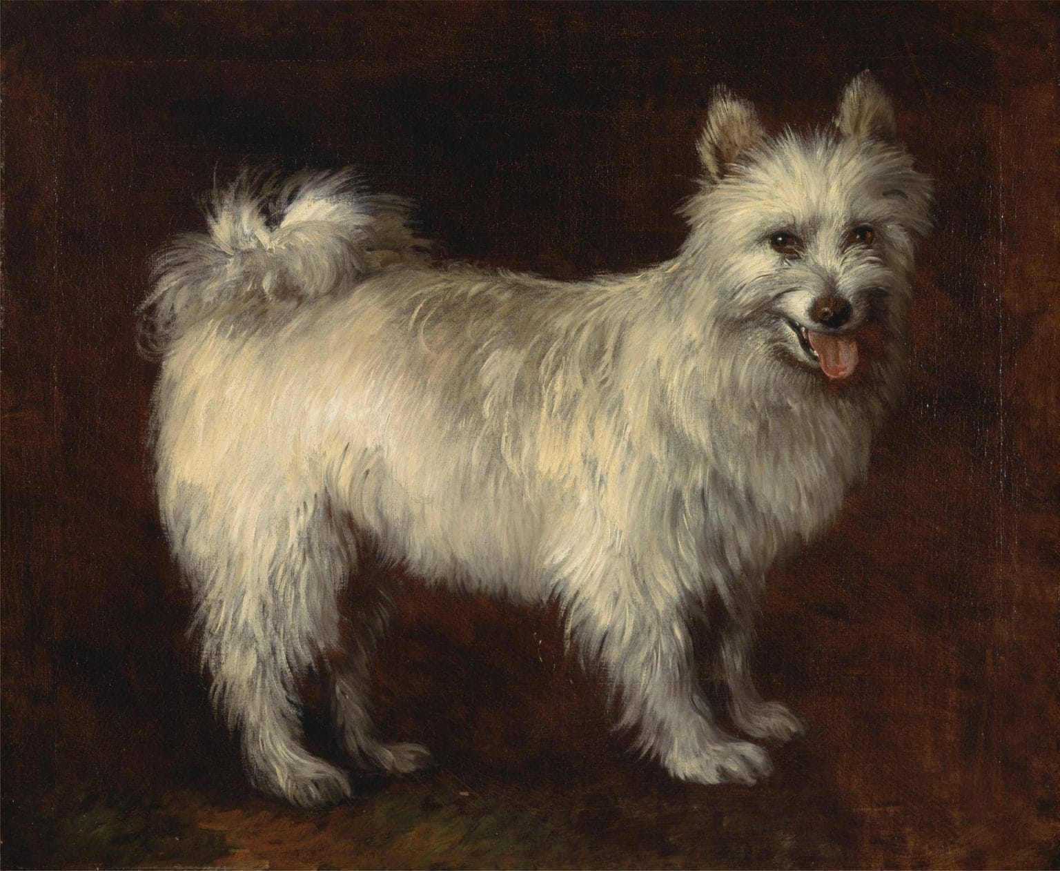 Painting of a white, fluffy dog on a brown background. The dog's body is facing right but its face is turned toward the viewer. Its mouth is open, smiling, with the tongue hanging out.