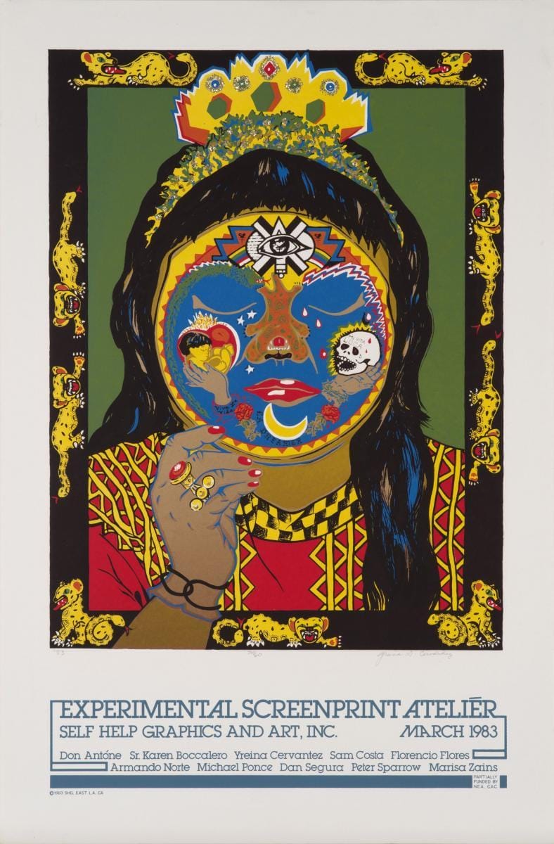 Yreina D. Cervántez, Danza Ocelotl, 1983, screenprint with glitter, 35 1/6 x 23 1/16 in., Blanton Museum of Art, The University of Texas at Austin, Gift of Gilberto Cardenas, 2017