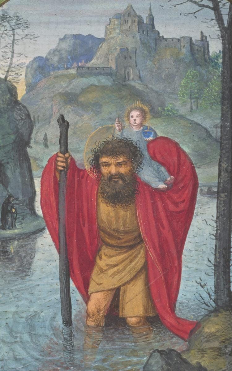 St. Christopher Carries Christ Child, from Book of Hours, Belgium, Bruges, ca. 1520, The Morgan Library & Museum, MS M.307, fol. 160v. Photography by Graham S. Haber, 2017.