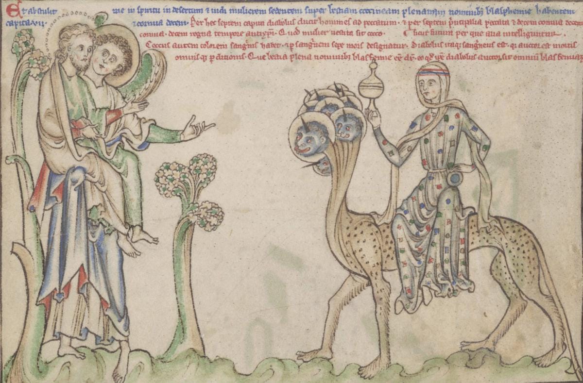 The Whore of Babylon, from Morgan Apocalypse, London, England, ca.1255, The Morgan Library & Museum, MS M.524, fol. 16v. Photography by Graham S. Haber 2017.