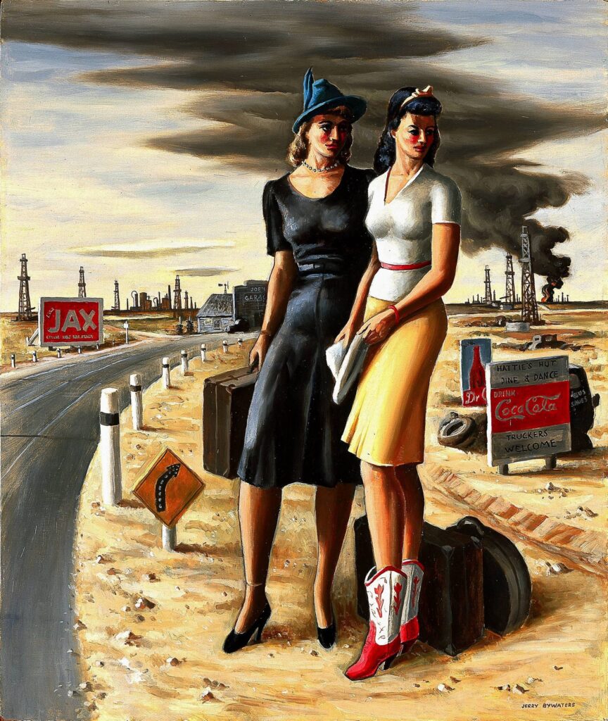 Jerry Bywaters, "Oil Field Girls," 1940, Oil on board, 29 5/8 x 24 1/2 in., Blanton Museum of Art, The University of Texas at Austin, Michener Acquisitions Fund.