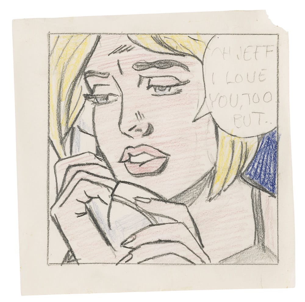 Roy Lichtenstein, Oh, Jeff...I Love You Too...But... (Study), 1964, colored pencil, graphite pencil on paper, 5 3/4 x 5 5/8 in.(14.6x 14.3 cm), Collection of Jack Shear. © Estate of Roy Lichtenstein. Image courtesy Jack Shear