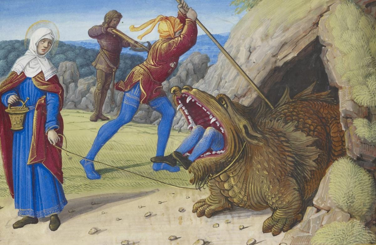 St. Martha Taming the Tarasque, from Hours of Henry VIII, France, Tours, ca. 1500. The Morgan Library & Museum, MS H.8, fol. 191v, detail. Photography by Graham S. Haber, 2013.