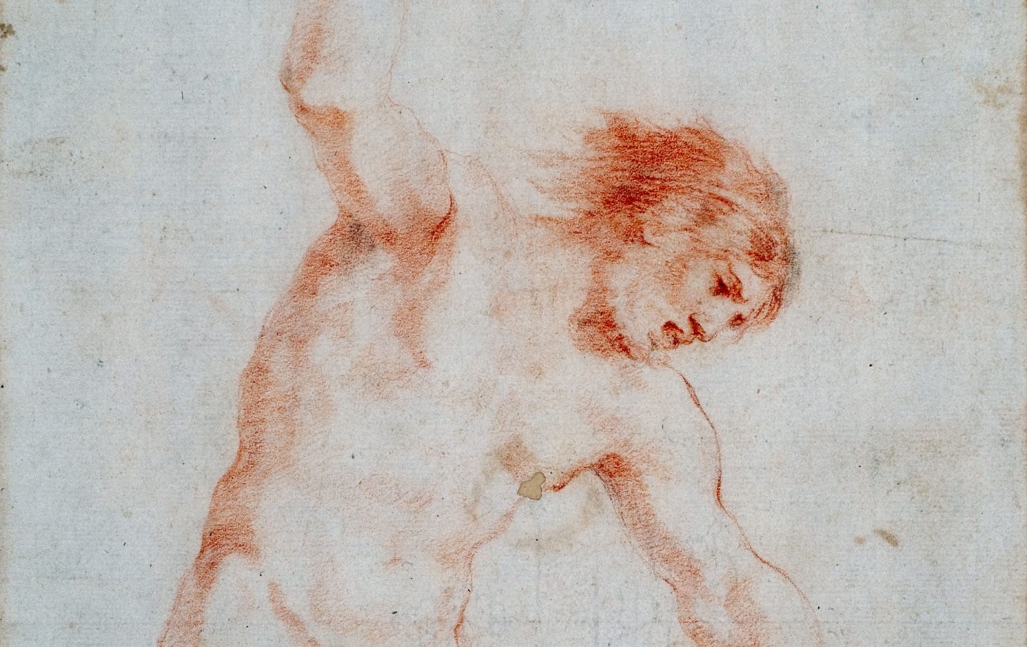 Red chalk drawing of a nude man. He pitches forward, one arm raised and the other pointed down. His mouth is open.