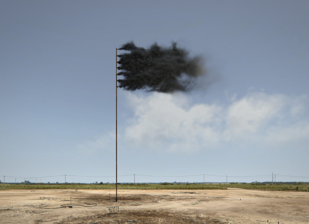 John Gerrard, "Western Flag (Spindletop, Texas) 2017" (still), 2017, Digital simulation, 33 x 33 in., Courtesy of the artist and Pace Gallery