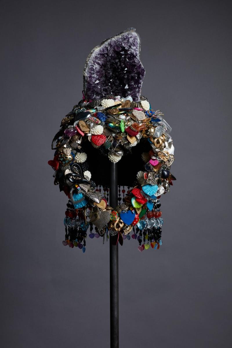 Jeffrey Gibson, Love, 2018. Epoxy clay with glass beads, metal, resin, and plastic heart charms, amethyst geode, steel wire, nylon thread, and pigmented acrylic gel medium, 25 ½ x 14 x 15 3/4 in. (64.1 x 35.6 x 40 cm). Courtesy of the artist; Roberts Projects, Los Angeles; Sikkema Jenkins & Co., New York; and Kavi Gupta, Chicago. © Jeffrey Gibson.