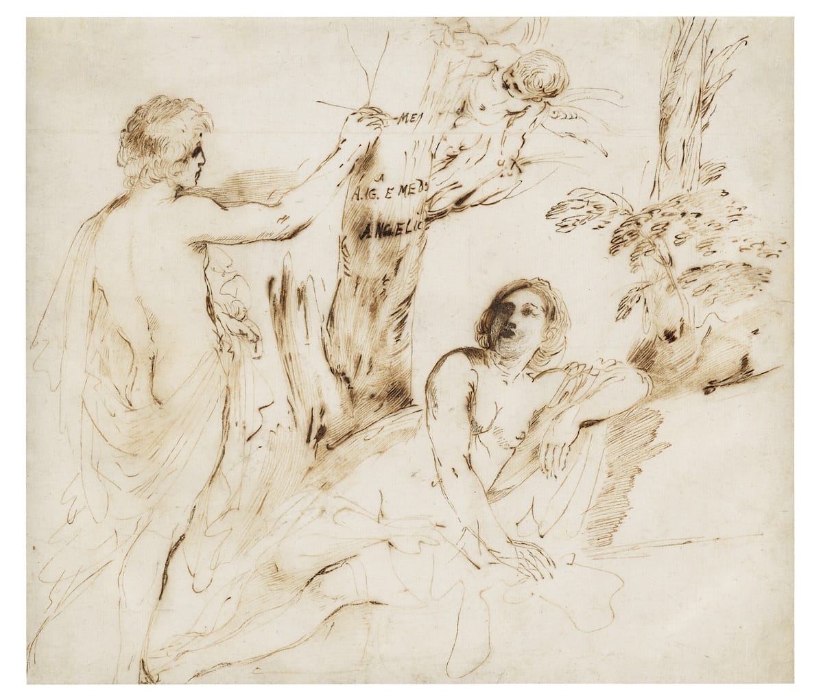 Giovanni Francesco Barbieri, Angelico and Medoro, circa 1640?,brown ink on paper, 10 x 11 1/2 in. (25.4 x 29.2 cm), Jack Shear Collection. Image courtesy Jack Shear