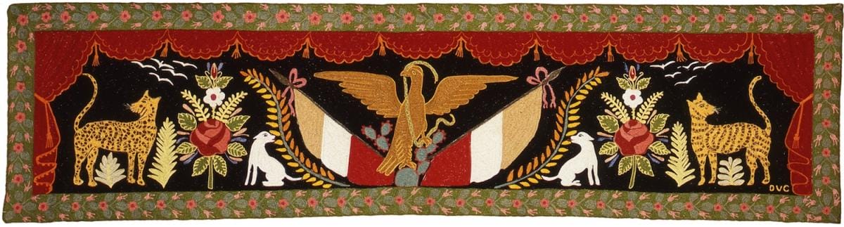 Lola Velásquez de Cueto, Bandera mexicana [Mexican Flag] 1920s, silk tapestry made with chain stitch 42 x 150 cm (16 9/16 x 59 1/16 in.) Private Collection, Lima © Sucesión Mireya Cueto, Photo courtesy of Lance Aaron