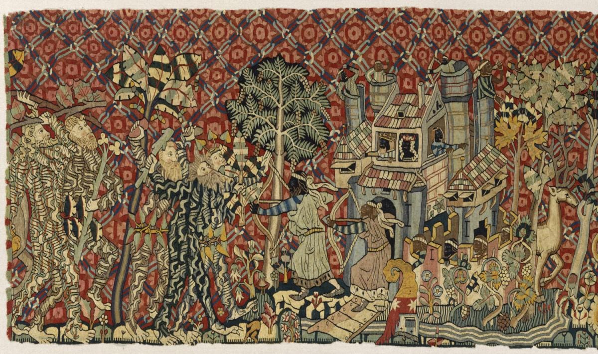 Detail from Tapestry with Wild Men and Moors, Alsace, Strasbourg, ca. 1440, linen and wool slit tapestry, Museum of Fine Arts, Boston, Charles Potter Kling Fund. Photograph © 2017 Museum of Fine Arts, Boston. All Rights Reserved.