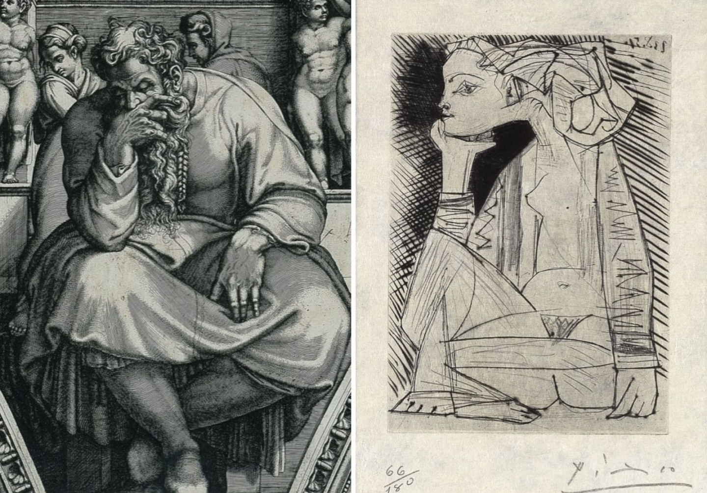 [Left Image] Giorgio Ghisi, The Prophet Jeremiah, after Michelangelo, early 1570s, (detail) 11 13/16 x 17 in., engraving, Blanton Museum of Art, The University of Texas at Austin, The Leo Steinberg Collection, 2002; [Right Image] Pablo Picasso, Seated Girl, frontispiece to Recordant el Doctor Reventós, 1951, (detail), engraving and drypoint, 11 7/16 x 9 1/16 in., Blanton Museum of Art, The University of Texas at Austin, The Leo Steinberg Collection, 2002 © 2021 Estate of Pablo Picasso / Artists Rights Society (ARS), New York