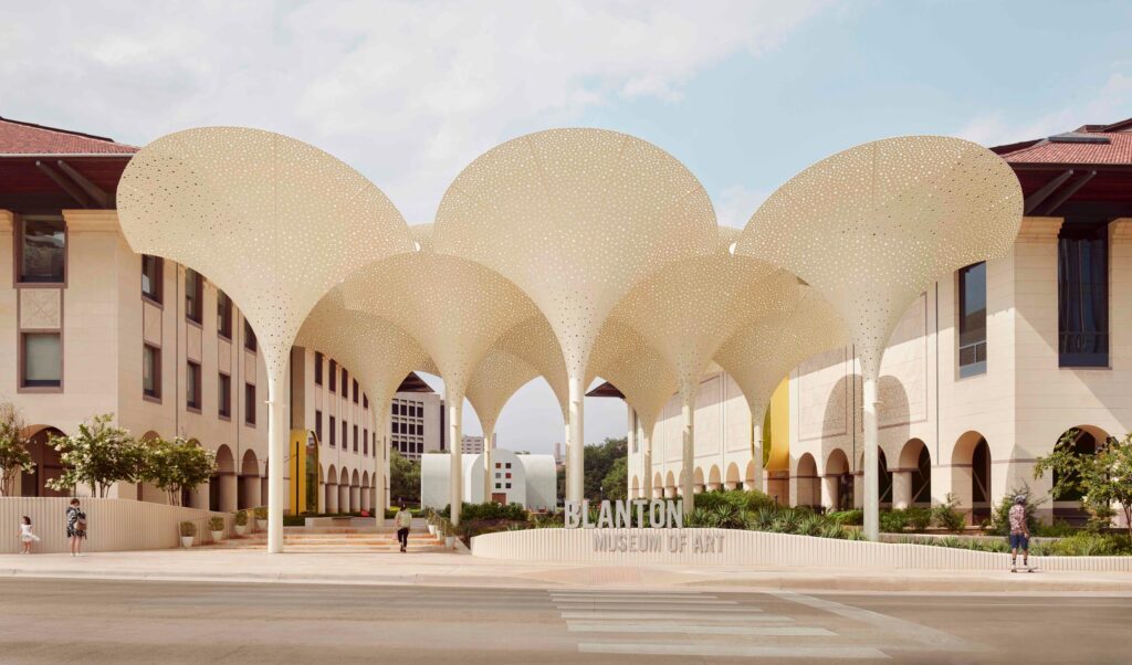 The Blanton Museum of Art, view from Martin Luther King Jr. Boulevard with the Michener Gallery Building, Smith Building, and Austin by Ellsworth Kelly. Photo by Sloan Breeden Photography.