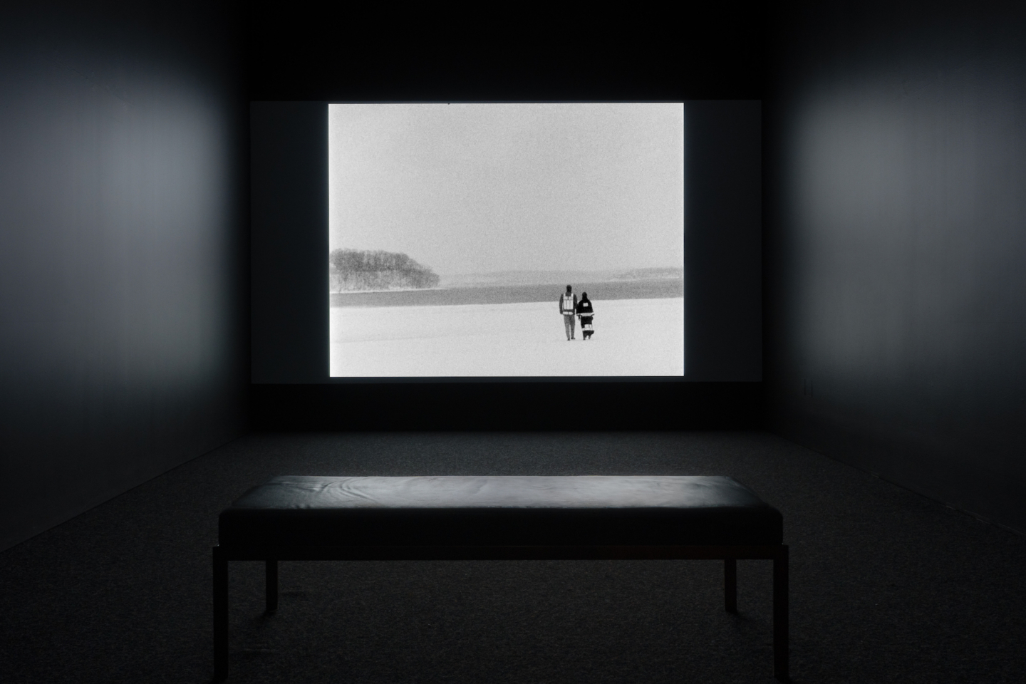 Installation view of Wind, 1968, by Joan Jonas, as part of If the Sky Were Orange: Art in the Time of Climate Change, September 9, 2023 – February 11, 2024. 16 mm film on HD video, Courtesy of the artist and Electronic Arts Intermix (EAI), New York