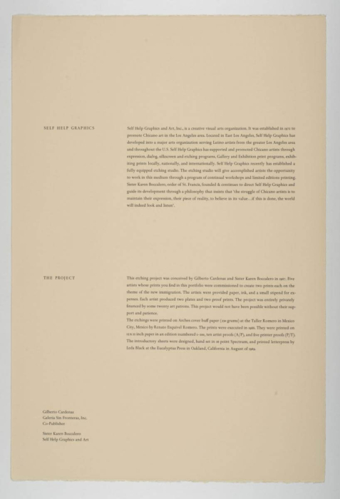 A document titled 'SELF HELP GRAPHICS' and 'THE PROJECT.' The text provides a detailed history and mission of Self Help Graphics and Art, Inc., established in 1972 to promote Chicano art in Los Angeles. It describes the creation of an etching studio and outlines a specific etching project conceived in 1987 by Gilberto Cardenas and Sister Karen Boccalero. The project involved five artists who created prints on the theme of the new immigration, with details about the materials used and the printing process.