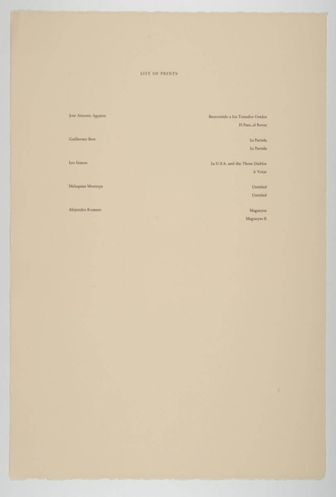 The image shows a list titled 'LIST OF PRINTS' with names of artists on the left and titles of their prints on the right. The artists and their corresponding prints are as follows: Jose Antonio Aguirre Bienvenido a los Tostados Unidos El Paso, al Reves Guillermo Bert La Partida La Partida Leo Limon La U.S.A. and the Three Diablos A Votar Malaquias Montoya Untitled Untitled Alejandro Romero Magueyes Magueyes II