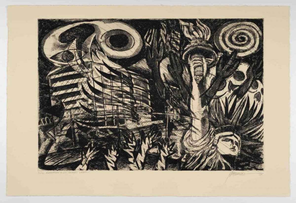 A black and white artwork featuring an abstract, surreal depiction with chaotic and dynamic elements. On the right side, there's a distorted and stylized figure resembling the Statue of Liberty holding a torch. The background includes swirling patterns, geometric shapes, and architectural structures, creating an intense and dramatic composition with strong contrasts and intricate details.