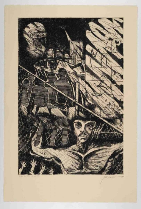 An abstract, monochromatic print or etching featuring stylized human figures, architectural structures, and geometric patterns. Some figures appear behind a fence or barrier, and the background includes buildings that suggest a cityscape. The composition uses lines and shading to create depth and movement. The artwork is signed in the bottom right, with partially obscured text on the bottom left reading 'State III State of Proof.'