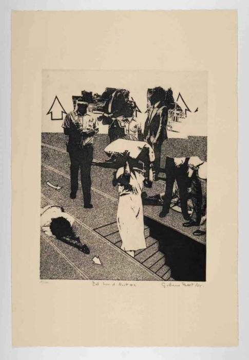 A black and white print titled 'Del Suicid No. 2' by Guillermo Bert. The image depicts a dramatic scene with several figures. In the foreground, a person is lying face down on the ground. Another person, dressed in a long garment, stands on a set of stairs, holding a large object over their head. Surrounding them are several other figures, including uniformed officers and a person in a suit. The background features abstract shapes and outlines of buildings, adding to the intense and chaotic atmosphere of the scene.