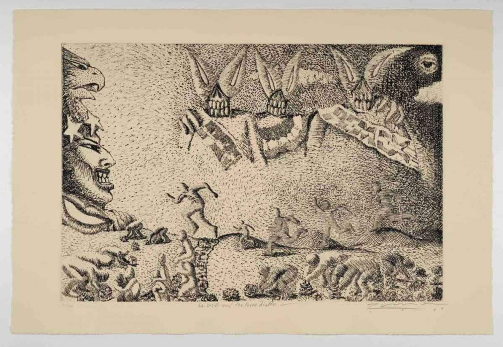 An intricate black-and-white drawing with surreal and abstract elements. On the left side, a large head with a star on its forehead and an open mouth is depicted. Above the head, an eagle's head faces left. The artwork also features three large, toothy mouths with pointed teeth in the upper middle section, various smaller figures scattered throughout, some appearing to run or move, and a background filled with abstract shapes and patterns. The image blends human and animal elements with imaginative, possibly symbolic imagery.