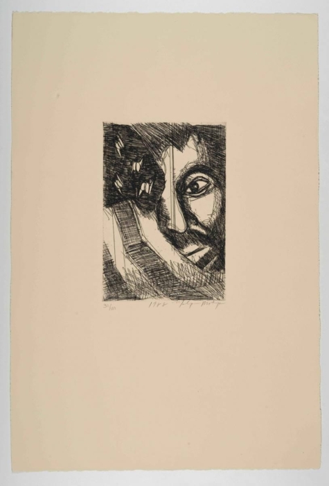 An abstract black and white sketch of a face. The face is partially obscured and appears to be emerging from a background of dense, cross-hatched lines. The sketch is highly textured, with heavy use of shading and line work to create depth and contrast. One eye is prominently visible while the other is partially hidden, adding to the intriguing and expressive nature of the artwork. The overall composition draws the viewer's attention to the detailed rendering of the face amidst the chaotic background.